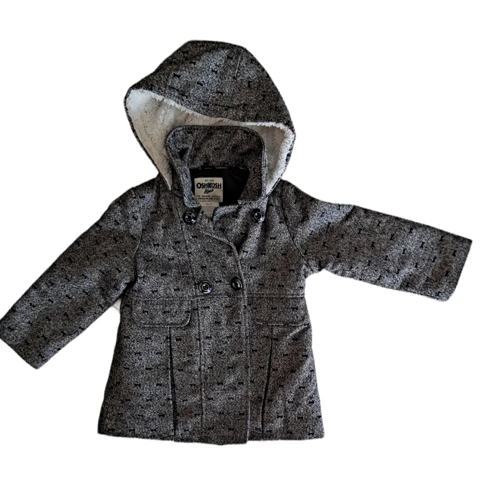 OshKosh B'gosh Tweed dbl breasted pea coat with sherpa hood and blu bow …